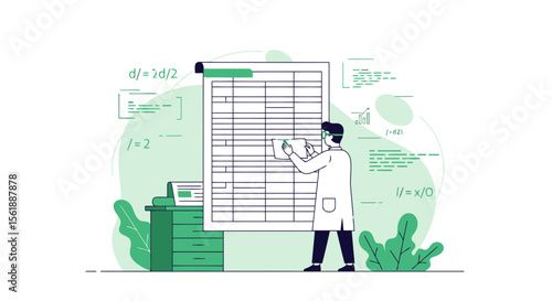 Scientist Analyzing Data Sheet In Laboratory With Scientific Formulas Concepts