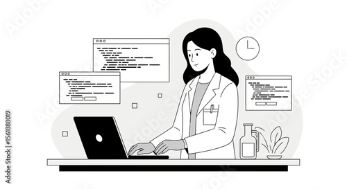 Software Engineering Woman Working on Laptop Coding Data Analysis at The Office