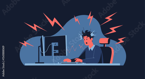 Exhausted Employee Struggling With Computer Deadline in Stressful Work Environment