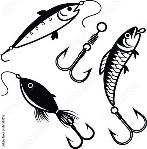 Fishing lure vector set with realistic bait fish and treble hooks illustration