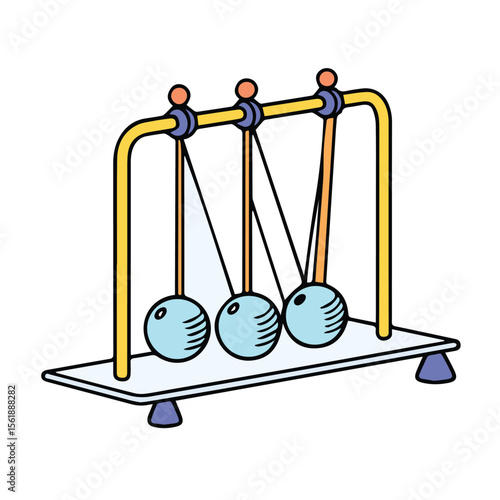 Newton's cradle with three light-blue spheres in a scientific apparatus. A stationary object with colorful design. Educational physics demonstration tool. classroom -