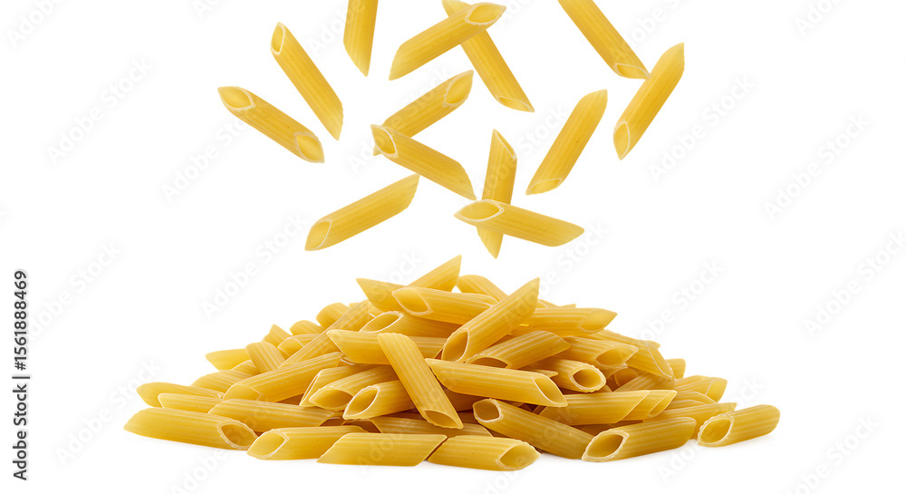 Close up view of dry penne pasta falling on pile Isolated on transparent background Close up view of dry penne pasta falling on pile Isolated on transparent background