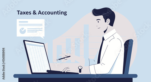 Financial Analyst Working On Taxes And Accounting Tasks With Laptop