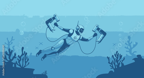 Underwater Adventure Featuring Aquatic Robot Exploring The Deep Blue Sea With Futuristic Tools