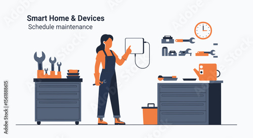 Smart Home Maintenance Woman Using Tablet Scheduling Service and Repair
