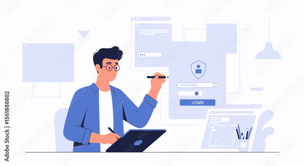 Web Developer Working On User Interface Design With Security Authentication Access Web Developer Working On User Interface Design With Security Authentication Access