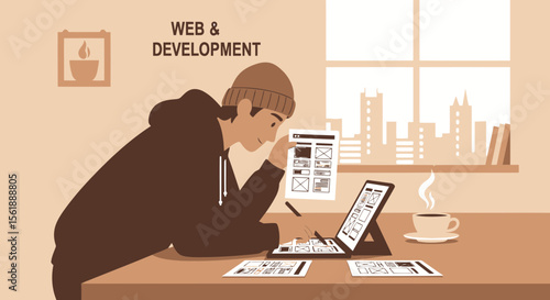 Freelance Web Developer Creating a Website Layout At Home Brown Toned Background
