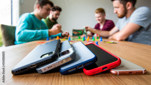 Friends playing board games, stack of smart phones in the foreground. Stop using digital gadgets. Mental and digital detox concept, Offline time, break from social media