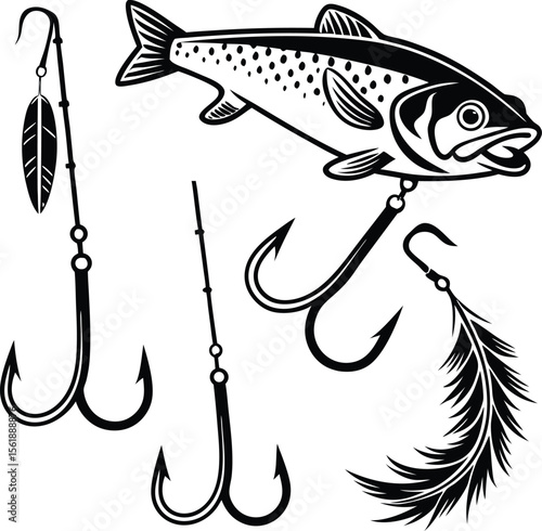 Fishing lure vector set with realistic bait fish and treble hooks illustration