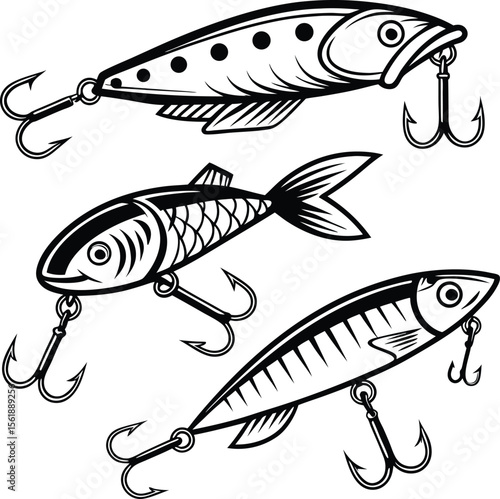 Fishing lure vector set with realistic bait fish and treble hooks illustration