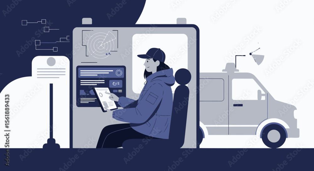 Woman Using Digital Devices Inside Mobile Command Center For Data Analysis Woman Using Digital Devices Inside Mobile Command Center For Data Analysis