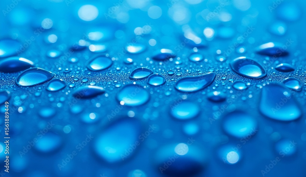 Close-up of water droplets on a blue surface, showcasing their clarity and reflective properties. Close-up of water droplets on a blue surface, showcasing their clarity and reflective properties.