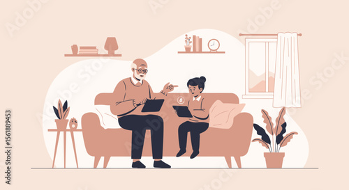 Grandfather Explains Technology to Granddaughter Using Tablets on Sofa Together