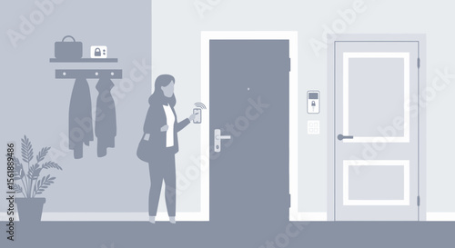 Woman Using Mobile App To Unlock Smart Home Door Technology Illustration