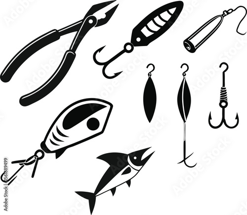 Fishing hooks and tackle silhouette set with fish, bait, and lures illustration