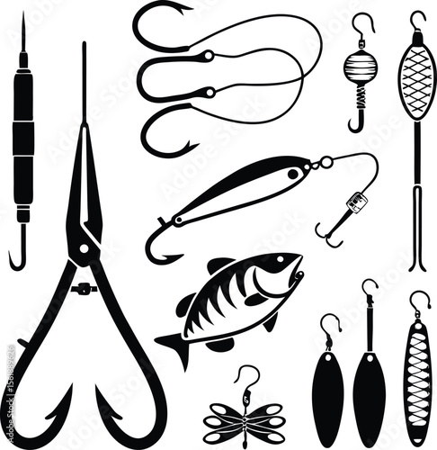 Fishing tackle and hook silhouette set with lures, bait, and fish illustration