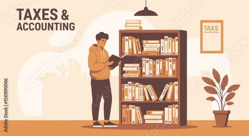 Young Entrepreneur Reading A Book About Taxes And Accounting In Office