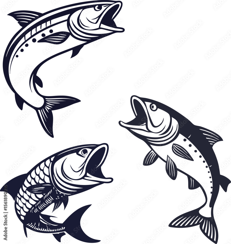 Obraz premium Jumping fish and fishing silhouette collection – black and white illustration