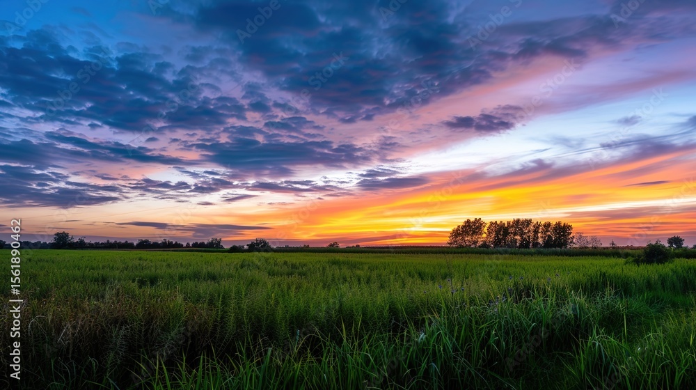 Fototapeta premium Vibrant Twilight Meadow with Wildflowers Under Gradient Magenta Sky, Expansive Open Field Landscape Featuring Golden Horizon Glow and Distant Tree Silhouettes, Empty Space