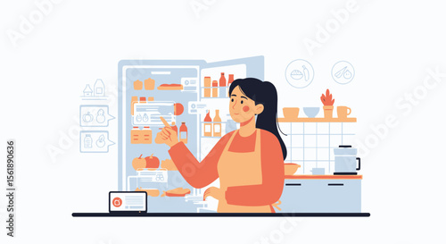 Woman Planning Meals With Smart Refrigerator And Online Recipe Application