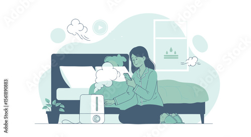 Woman Using Humidifier Near Bed For Healthy Air And Comfortable Sleep