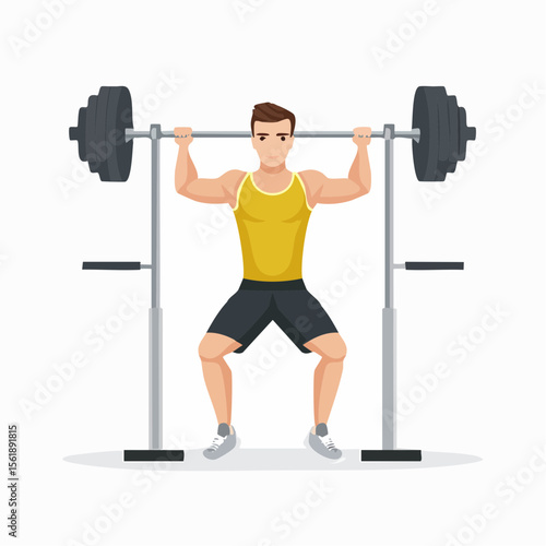 Man Performing Overhead Barbell Squat Functional Fitness Exercise Illustration