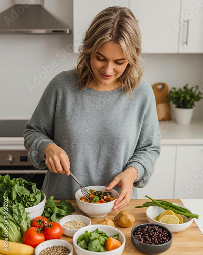 Daily hormone balance through diet – woman in kitchen making meal to reduce inflammation and perimenopausal discomfort