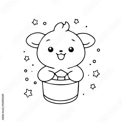 Cute cartoon lamb in a magician's hat, holding a magic trick, whimsical and playful. A childlike, magical creature performing a trick with stars and a white background.