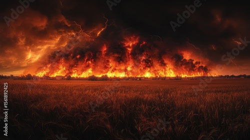 Fiery landscape under stormy sky