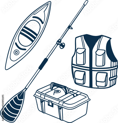 Fishing Gear Silhouette Set with Kayak, Rod, Vest, Tackle Box and Bottle