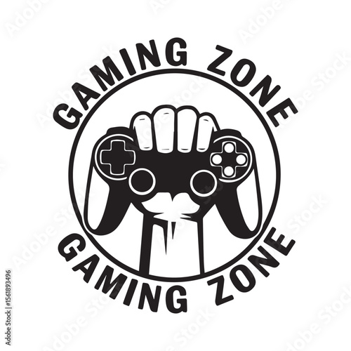 Gaming zone logo hand holding controller black and white illustration