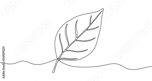 Description: Black leaf in one line art style. Leaf drawing with editable black stroke on white background. Vector illustration.