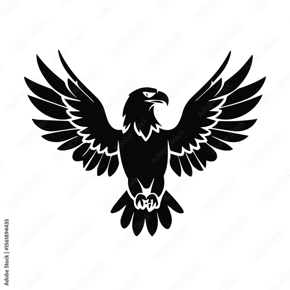 Fototapeta premium Majestic eagle silhouette in flight against a plain white background. Powerful bird in soaring posture with outstretched wings, showcasing freedom and strength.