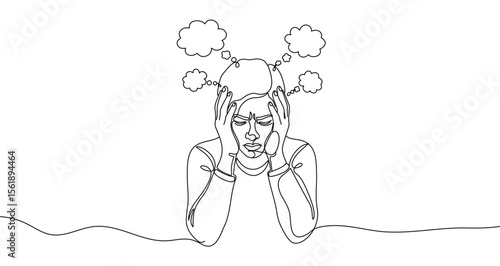 Person holding head with thoughts in one line art style. Person drawing with editable black stroke on white background. Vector illustration.