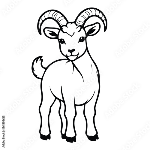 Cute ram with large horns standing in a neutral setting. Animal in black and white coloring, displayed against a plain white background.