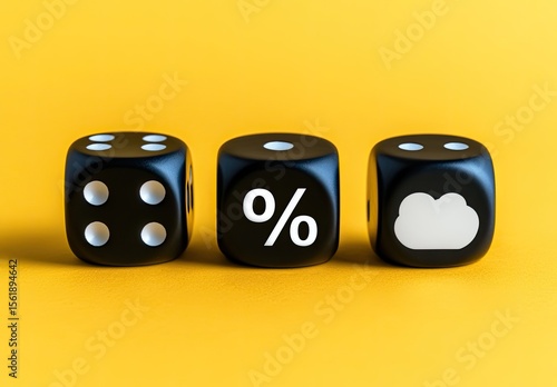 Three black dice on a yellow background.  Dice show percentage, cloud, and numbers