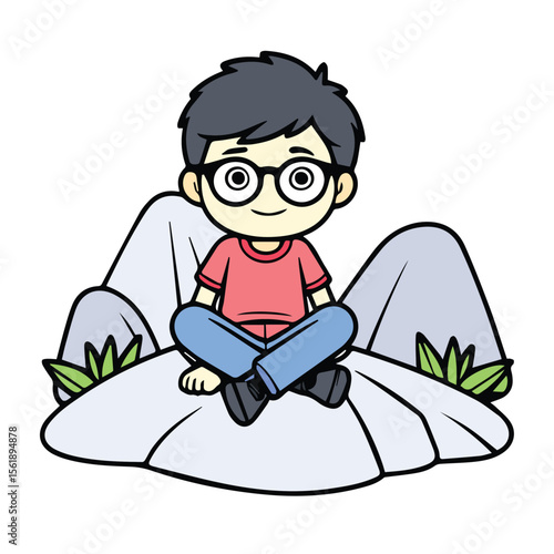 Young boy in casual clothing sitting on a rock outcrop. Relaxed posture with mountainous background. Student/child enjoying nature in a park -