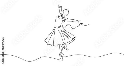 Ballerina dancing in one line art style. Ballerina drawing with editable black stroke on white background. Vector illustration.