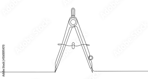 Drawing compass in one line art style. Compass drawing with editable black stroke on white background. Vector illustration.