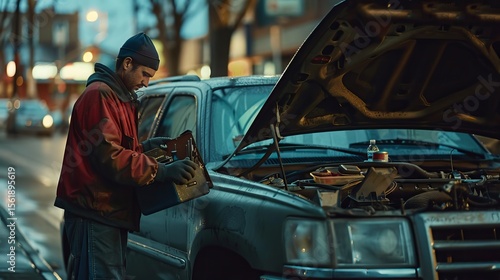 A car mechanic is standing next to an SUV with its hood open. He is holding a toolbox and looking at the engine.