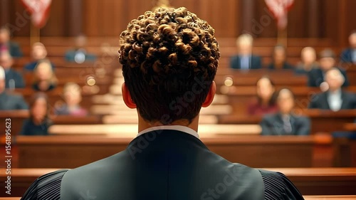 A judge presiding over a courtroom with an audience of people, likely involved in a legal proceeding or trial.