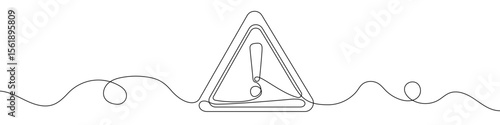 Yellow exclamation mark in triangle in one line art style. Exclamation mark drawing with editable black stroke on white background. Vector illustration.