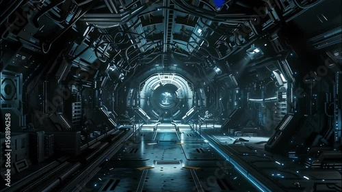 Dark interior of alien space base or spaceship, corridor inside spacecraft, futuristic scene. Theme of future, room	