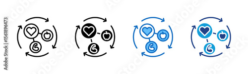 Wellness Cycle - Multi Style Icon Sheet Vector Design - Heart, clock, and coin symbols in a loop, illustrating balance of health, time, and budget
