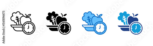 Meal Time - Multi Style Icon Sheet Vector Design - bowl of vegetables with a clock symbol, representing scheduled or planned eating