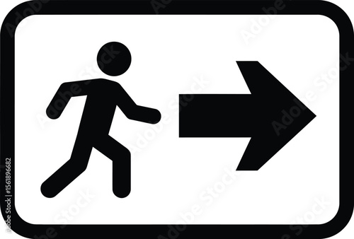 A black and white sign indicating an emergency exit route.