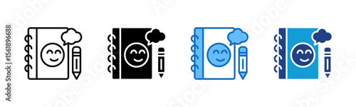 Mood Journal - Multi Style Icon Sheet Vector Design - notebook with a smiling face and pencil, indicating journaling, mood tracking, or reflection