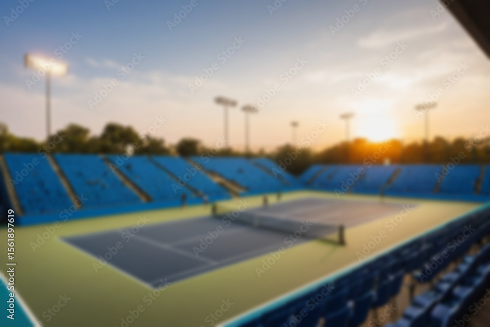Fototapeta premium Blurry photo of tennis court with magnificent stadium, there are empty spectator seats, modern theme, sports.