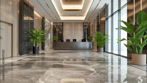 Modern office interior view, luxury hall with clean shiny marble floor, panorama of commercial building lobby. Theme of bank, hallway, company, tile