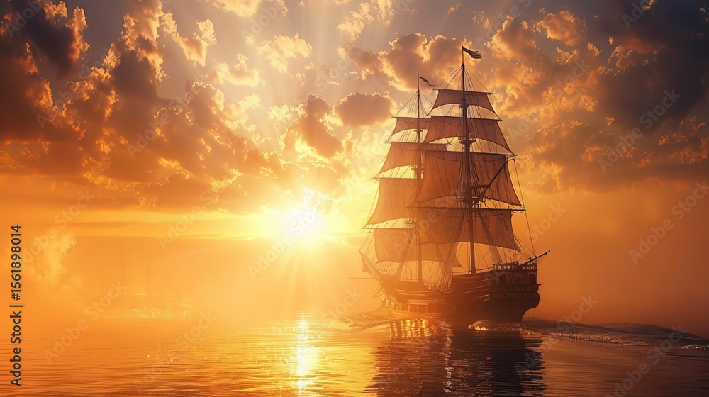 Fototapeta premium A grand ship leaves the harbor as the sun rises, its sails billowing in the morning breeze.